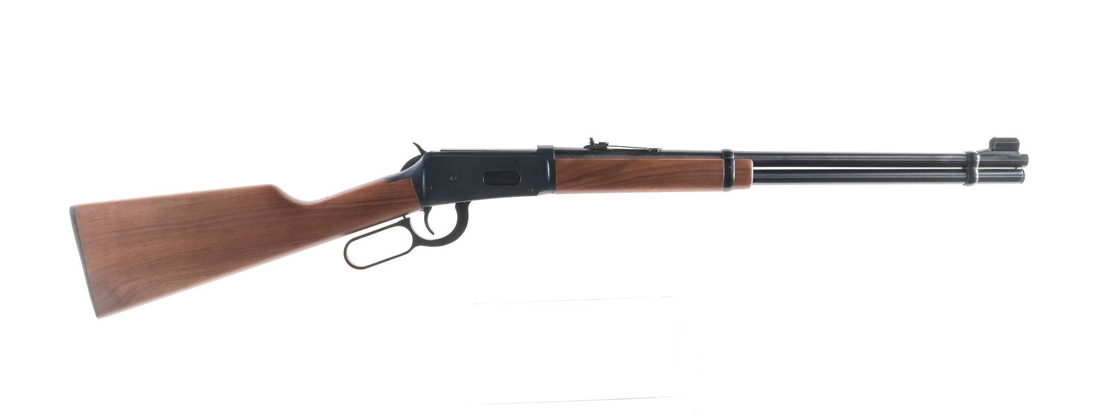 Winchester 94 .30-30 Win Lever Action Rifle: Description Winchester Model 94 in .30-30 Winchester with a seven round capacity and a 20" barrel. Serrated black composite butt plate. Smooth wood stock and front foregrip. Blued hand lever, untextur