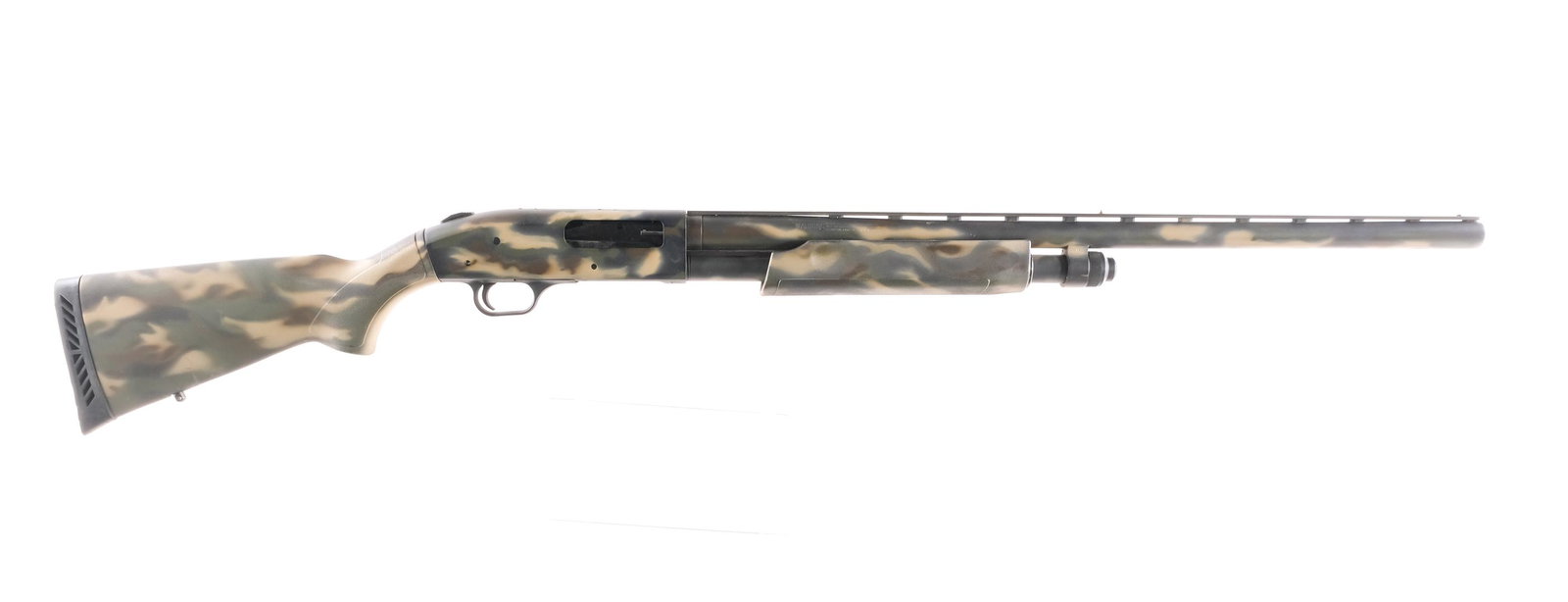 Mossberg 835 12Ga Pump Action Shotgun: Description Mossberg 835 in 12 gauge 2 3/4"-3" -3 1/2" with a five round capacity and a 28" MOD removable choke top rib vented barrel. Camouflaged paint to the entire gun. Serrated rubber butt pad. Te