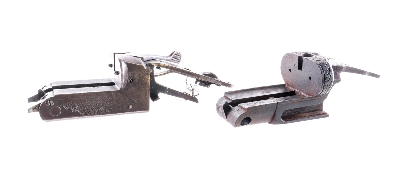 Shotgun Boxlock / Receivers: Description This lot is for two side by side boxlock shotgun actions. The first is a Belgian made with engraving and blued finish. The second is a J. Stevens Arms & Tool Co case colored with safety an