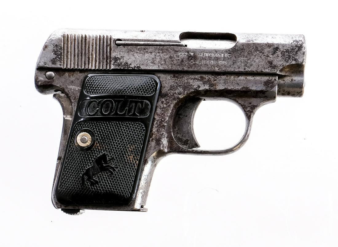 Early Colt 1908 .25 Semi Auto Pistol: Description Colt Model 1908 Vest Pocket in .25 ACP with one, six round removable magazine and a 2" barrel. Checkered black composite grip plates. Finish worn metal frame, solid trigger, serrated slide