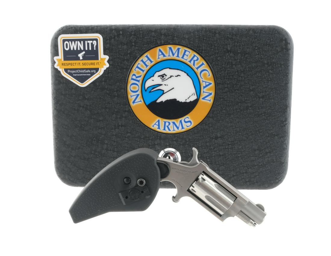 NAA Pug .22 Mag Revolver: Description North American Arms Pug chambered in .22 magnum with a 5-shot capacity and a 1 5/8" barrel. This single action revolver comes equipped with the GHG-M folding holster grip. Stainless steel 