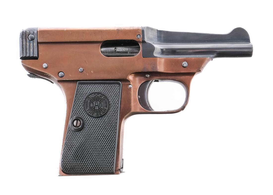Davis Warner Infallible .32 Semi Auto Pistol: Description Davis Warner Infallible in .32 caliber with one, six round removable magazine and a 3.25" barrel. Checkered composite grip plates. Blued frame, solid trigger and barrel. The bluing on the 