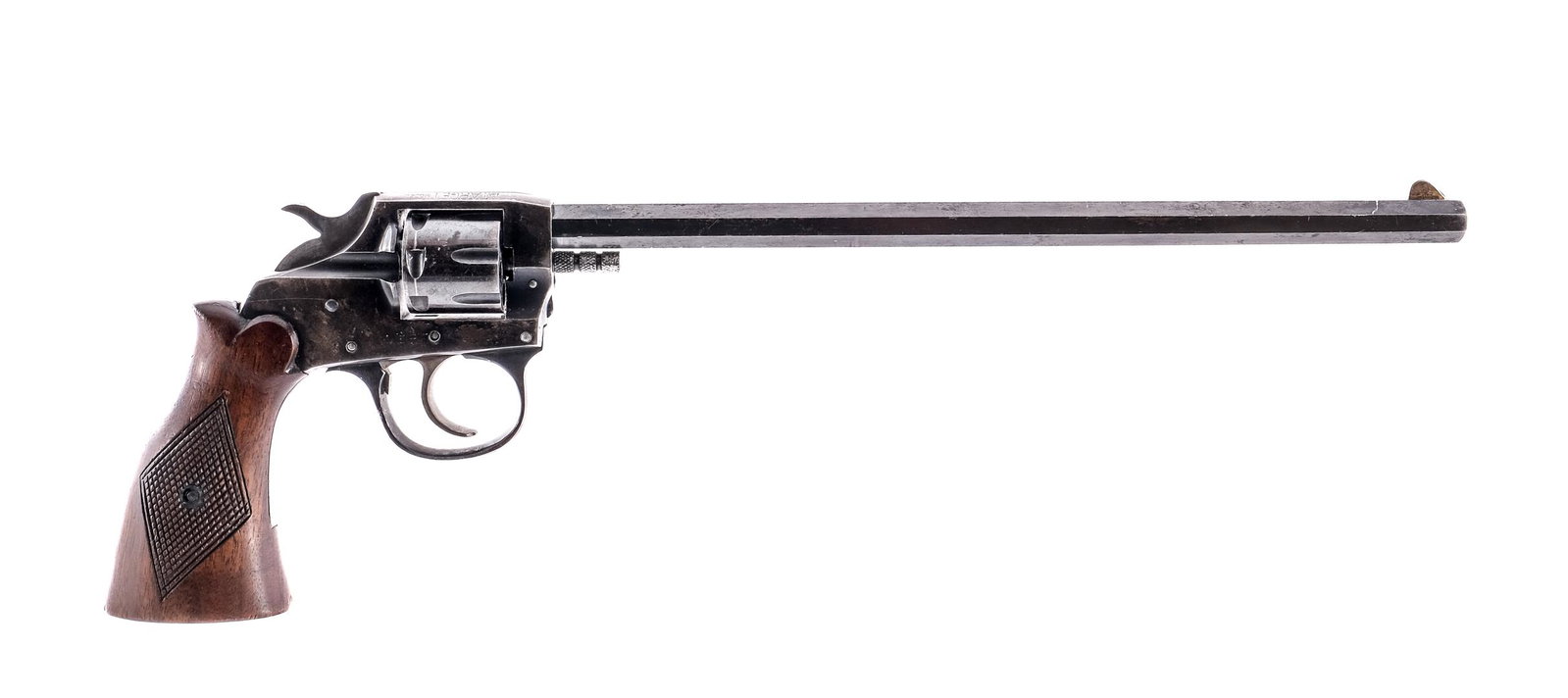 Iver Johnson 1900 Target .22 Revolver: Description Iver Johnson Model 1900 Target in .22 caliber with a seven round capacity and a 9.5" octagon barrel. Checkered wood grip. Blued trigger guard, cylinder and barrel. Case colored untextured 