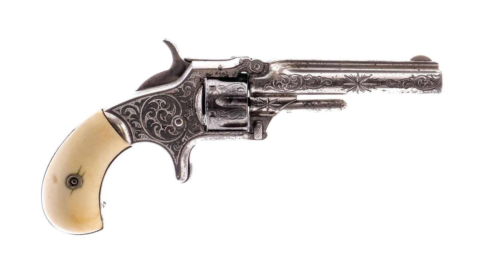 S&W Model 1 3rd Issue .22 Short Revolver: Description Smith & Wesson Model 1 3rd issue in .22 Rimfire Short with a seven round capacity and a 3.5" barrel. Natural bone grip plates. Nickel plated engraved frame, checkered solid trigger, checke