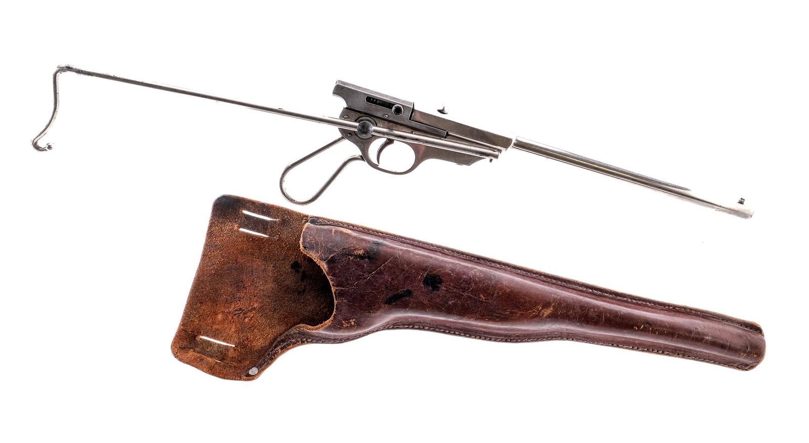H.M. Quackenbush Bicycle Rifle .22 Single Rifle: Description H.M. Quackenbush Bicycle Rifle in .22 caliber with a single round capacity and a 12" barrel. Wire retractable shoulder stock and pistol grip. Nickel plated frame and barrel. Untextured tri