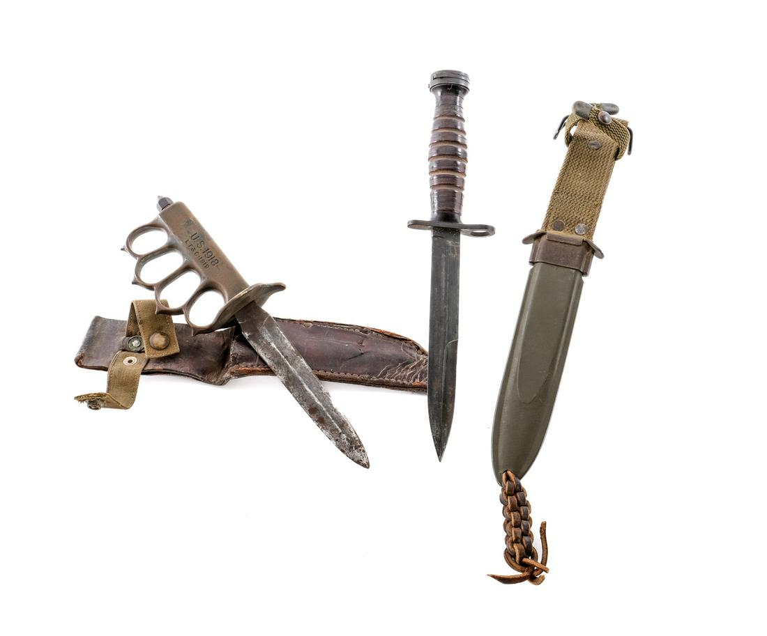 Trench / Bayonet Knife 2 Pcs Lot Knives / Blades: Description This lot is for two knives. Original war time bring back U.S. 1918 L.F. & C made trench knife with a brass hand guard and double sided blade. 6" blade with a 11" overall length. Comes in a
