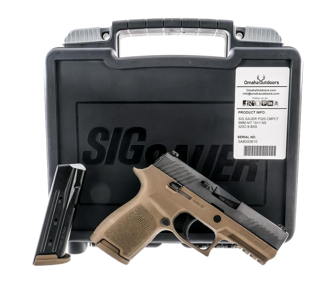 Sig Sauer P320 9mm Semi Auto Pistol: Description Sig Sauer P320 chambered in 9mm with two, fifteen round Sig Sauer magazines, and a black finished 3.5" barrel. Custom Cerakote finish by Omaha Outdoors. Textured bronze polymer frame with 