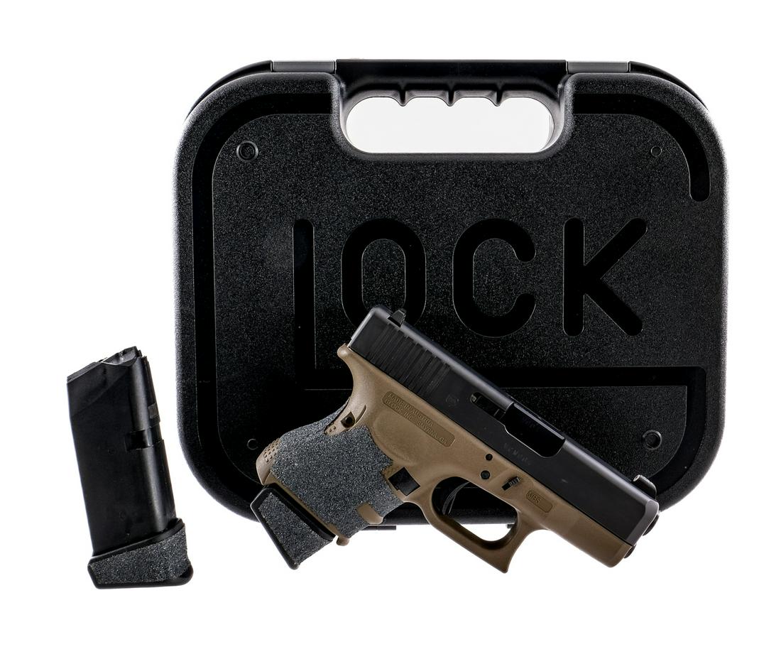 Glock 27 Gen 4 .40 S&W Semi Auto Pistol: Description Glock 27 Gen 4 chambered in .40 Smith & Wesson with two, nine round magazines with Pearce Grip +2 extensions making them hold eleven rounds and a 3.43" barrel. Brown polymer frame with aft