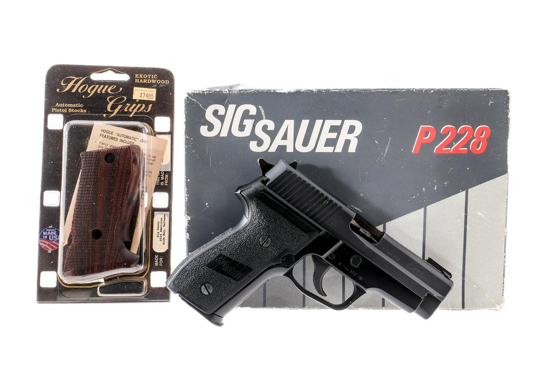 W. German Sig Sauer P228 9mm Semi Auto Pistol: Description Sig Sauer P228 chambered in 9mm with one, ten round removable magazine and a 3.9" barrel. Made in West Germany and imported by Sig Arms INC Exeter-NH. Steel frame with textured polymer P22