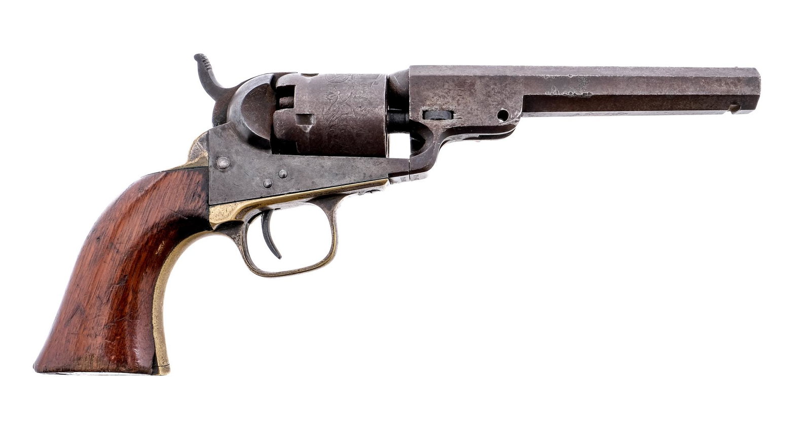 Colt 1849 Pocket .31 Revolver: Description Colt 1849 Pocket Percussion in .31 caliber with a five round capacity and a 5" octagon barrel. Black Powder Cap & Ball Muzzle Loading Revolver. Smooth wood grip plates. Brass trigger guard