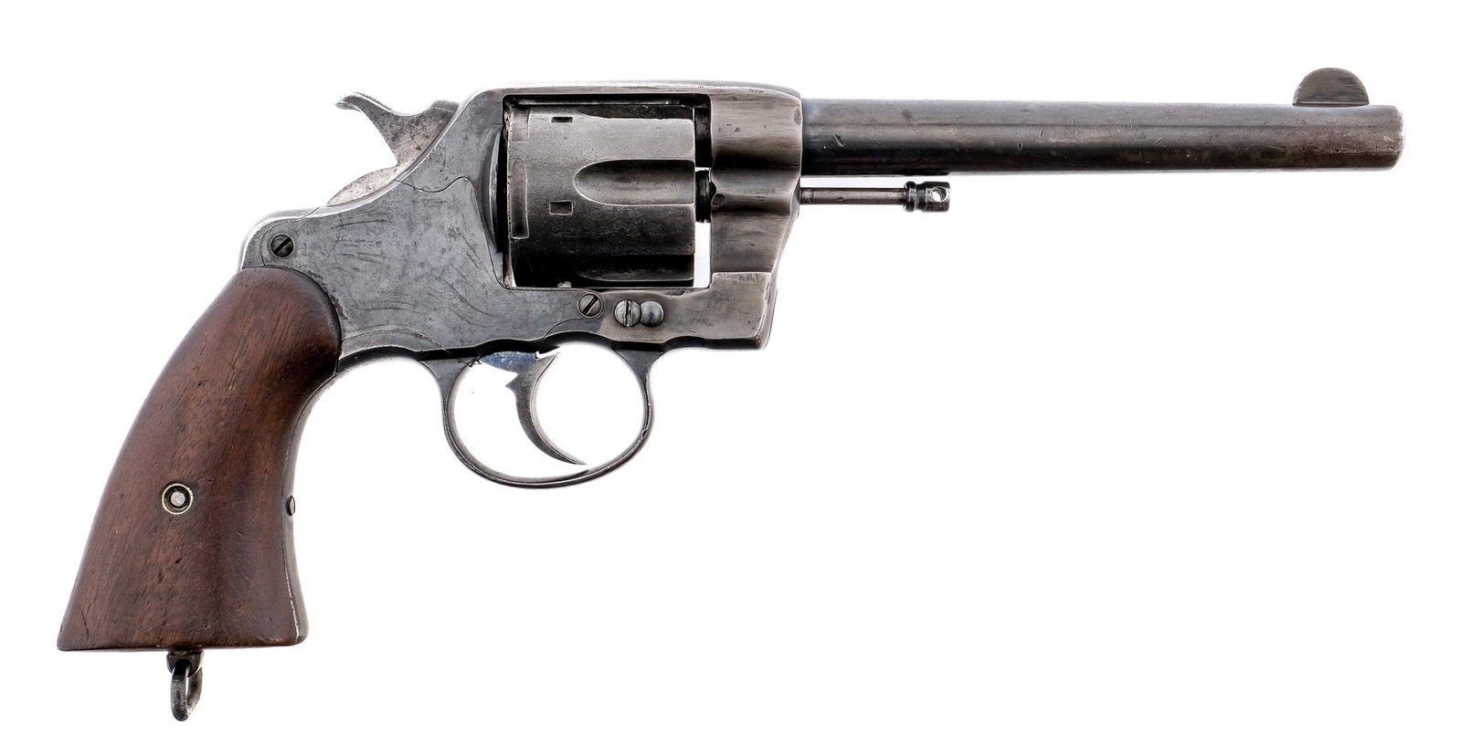 Colt US Army Model 1901 DA Revolver: Description Colt U.S. Army Model 1901 DA (Double Action) 38 in .38 Long Colt with a six round capacity and a 6" barrel. Smooth wood grip plates. Blued frame, untextured trigger, checkered hammer, cyli