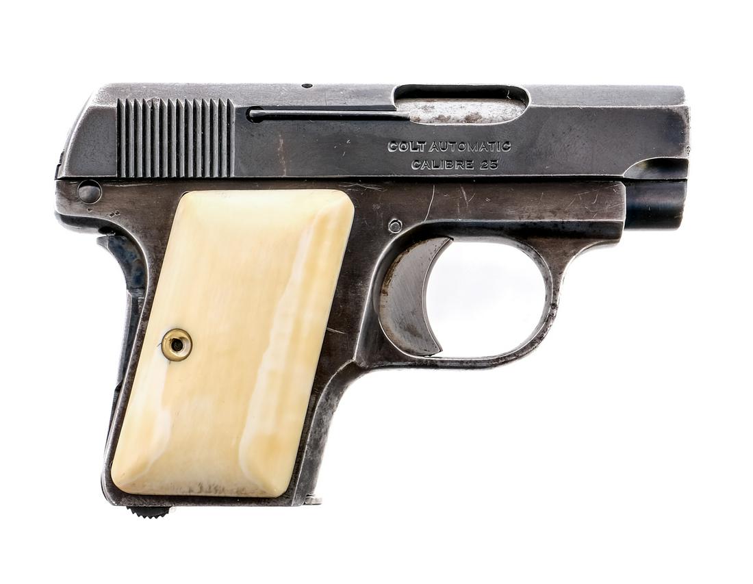Colt Vest Pocket M1908 .25 Semi Auto Pistol: Description Colt Vest Pocket Model 1908 in .25 caliber with one, six round removable magazine and a 2" barrel. Smooth bone or antler grip plates. Blued frame and serrated slide. Solid untextured trigg
