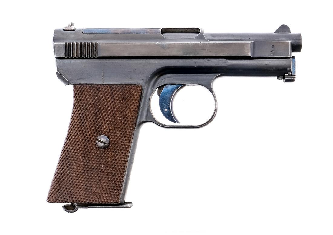 Mauser 1910 .25 Semi Auto Pistol: Description Mauser Model 1910 in .25 caliber with one, nine round removable magazine and a 3" barrel. Checkered wood grip plates. Blued frame, solid trigger, serrated slide and barrel. Magwell located