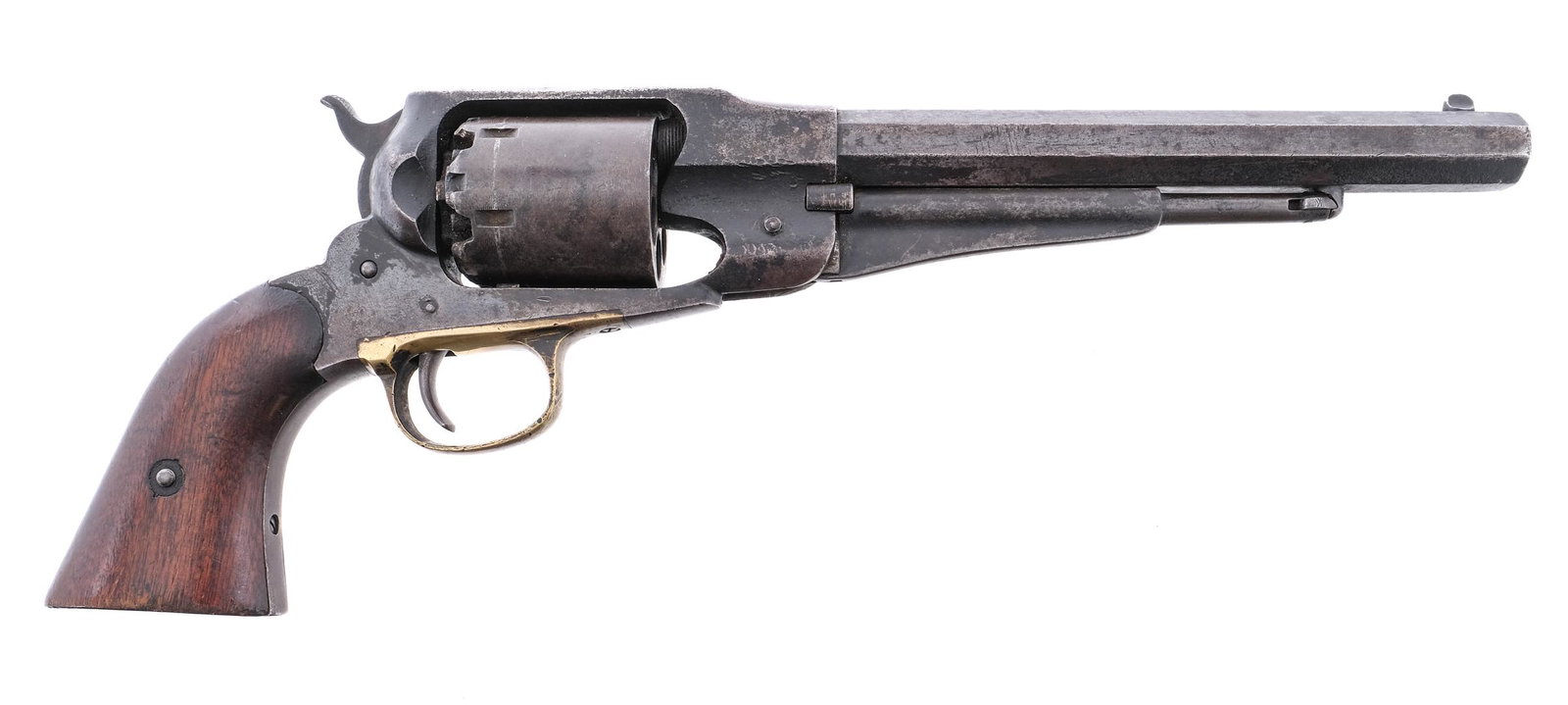 Remington NM Army & Navy .44 SA Revolver: Description Remington New Model Army & Navy in .44 caliber with a six round capacity and a 8" barrel. Cap and ball muzzle loader. Smooth wood grip plates. Brass trigger guard and backstrap. Blued fram
