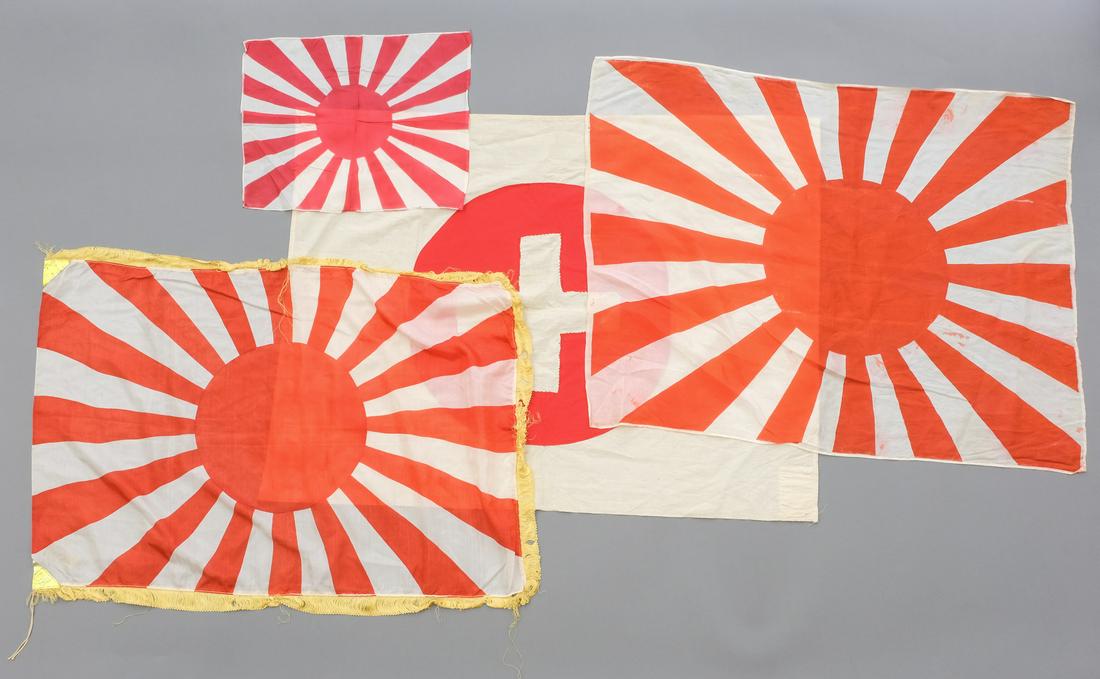WWII Japanese Navy & Red Cross Flag group: Description This lot is for four flags: World War Two Japanese Naval, and Red Cross. Small Japanese rising sun silk flag measuring 17.5" x14". Large Japanese rising sun silk flag measuring 36"x28". La