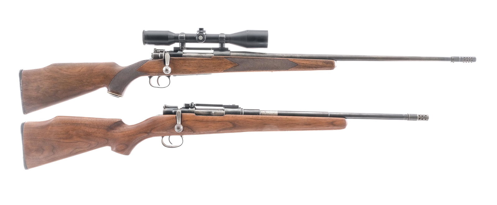 Estate Sporterized Mauser 2 Pcs Lot Bolt Rifle: Description This lot is for two Sporterized Mauser rifles. Mauser in .270 Winchester with a five round capacity with a 26" barrel with ported muzzle device. Monte Carlo style wood stock. Blued trigger