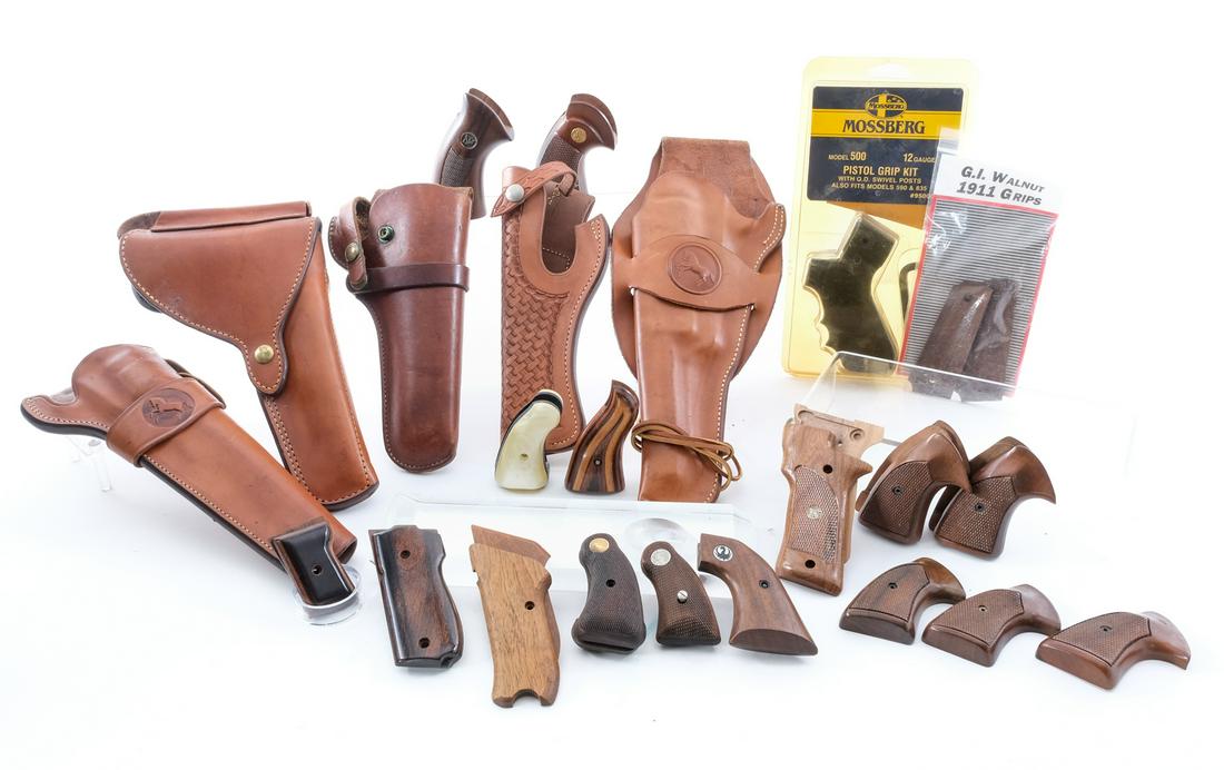 Estate Grips and Holsters Lot: Description This lot is for an assortment of leather holsters and pistol/revolver grips. Five leather holsters, Colt, Interarms, and Hunter. Nine complete revolver grips, three Colt, one Ruger, one Da
