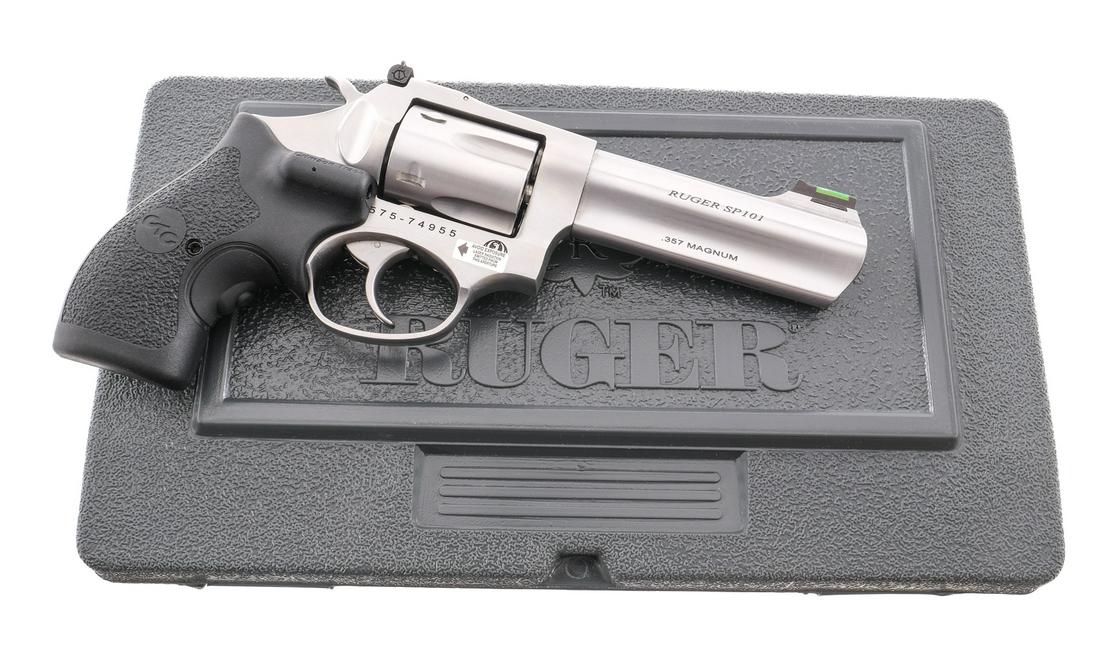 Ruger SP101 .357 Magnum Revolver: Description Ruger SP101 chambered in .357 magnum with a five-shot cylinder and a 4" barrel. Double action revolver, with stainless steel barrel, frame, cylinder, trigger, guard, and textured hammer. C