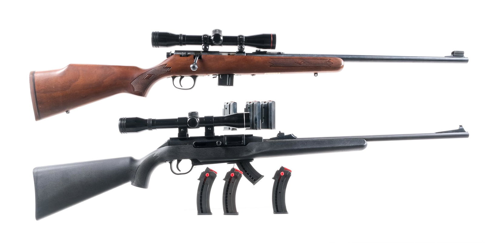 Marlin / Remington .22 LR / Mag 2Pcs Rifles: Description This lot is for two rifles. Remington 522 Viper in .22 Long Rifle with four, ten round removable magazine and a 20" barrel. Checkered black composite stock. Mounted with a Tasco ProngHorn 