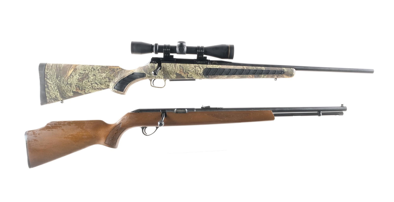 Stevens T/C .22 7mm 2 Pcs Bolt Action Rifles: Description This lot is for two rifles. Stevens/ Savage Arms Model 46M in .22 Short, Long and Long Rifle with a varied capacity and a 20" barrel. Checkered wood stock. Blued receiver, untextured trigg