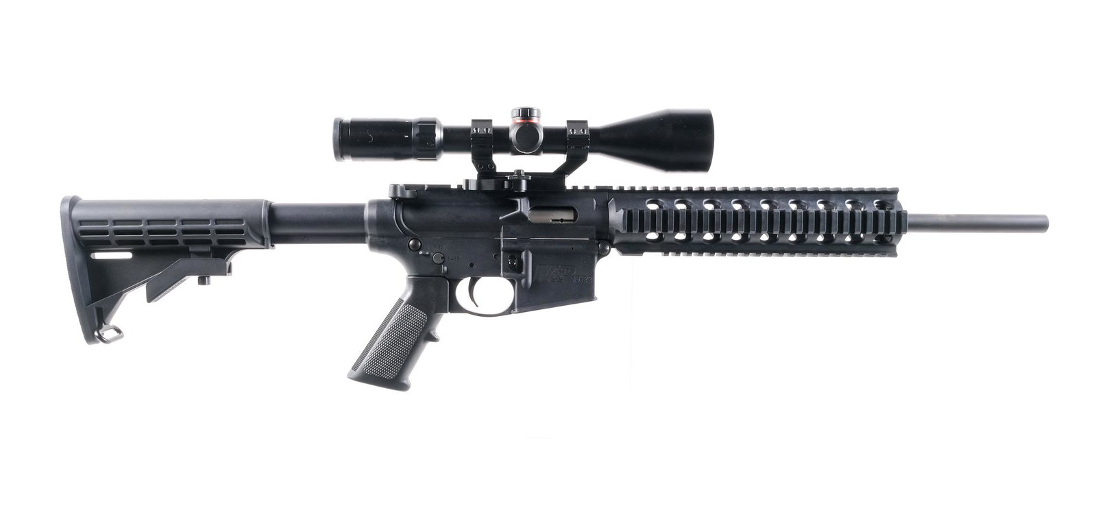 Smith & Wesson M&P 15-22 .22 LR Semi Auto Rifle: Description Smith & Wesson M&P 15-22 in .22 Long Rifle missing its magazine with a 16.5" barrel. Checkered composite butt plate on a Pinned stock. Black checkered composite pistol grip. Black composit