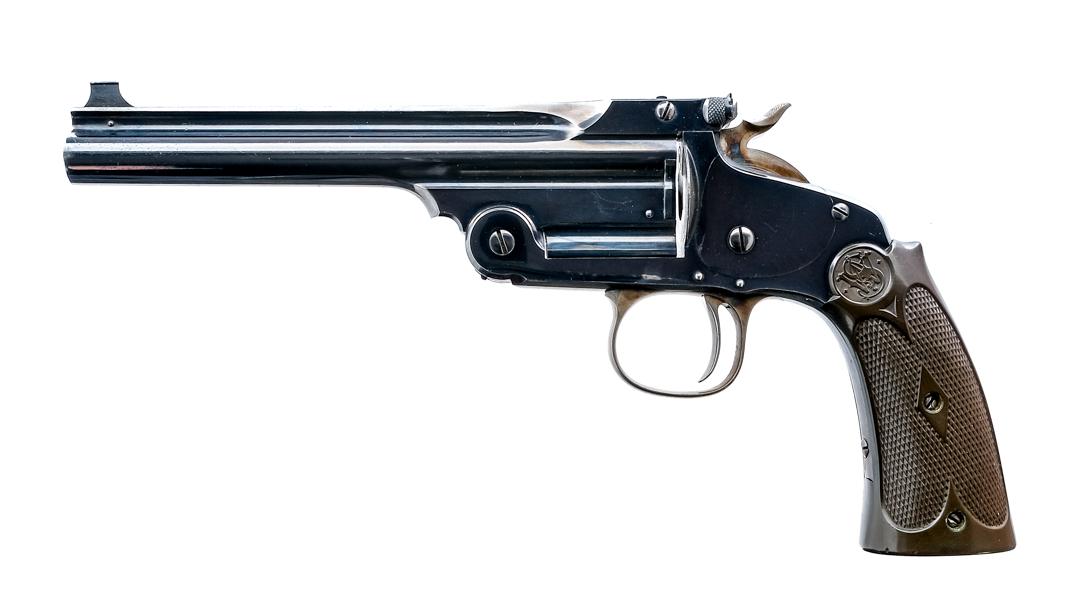 S&W 91 .38 S&W Single Round Pistol: Description Smith & Wesson Model 91, 3rd Model of 1891 Single Shot in .38 Smith & Wesson with a single round capacity and a 6" barrel. Checkered composite grip plates. Case colored trigger guard, trig