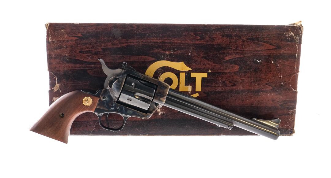 Colt New Frontier SAA .44-40 Revolver: Description Colt New Frontier 3rd Generation SAA in .44-40 with a six round capacity and a 7.5" barrel. Smooth wood grip plates. Blued trigger guard, trigger, checkered hammer, backstrap, cylinder and