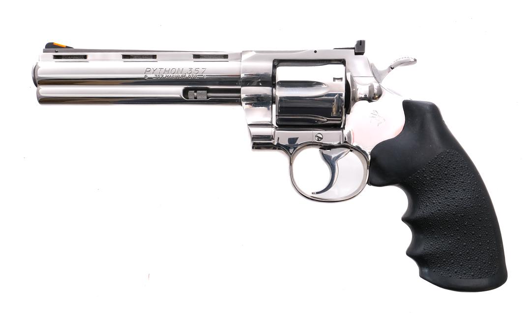 Colt Python BSTS .357 Magnum Revolver: Description Colt Python chambered in .357 magnum with a six-shot cylinder and a 6" vented rib barrel. BSTS (Bright Stainless Steel) finished barrel, frame, cylinder, checkered hammer, ribbed trigger,
