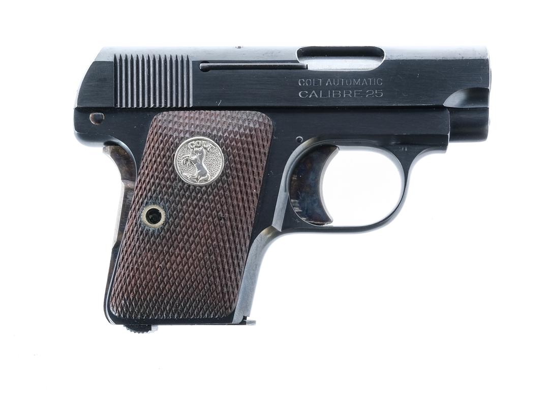 Colt Vest Pocket .25 Semi Auto Pistol: Description Colt Vest Pocket in .25 caliber with one, six round removable magazine and a 2" barrel. Checkered wood grip plates. Blued frame and serrated slide. Case colored solid trigger, backstrap sa