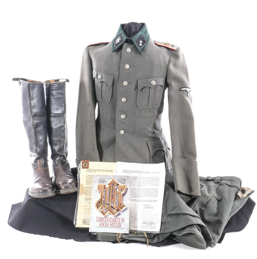 WWII German Leibstandarte Uniform: Description UPDATE: Measurements listed bellow. Original period World War Two German Third Reich uniform with notarized provenance. SS Leibstandarte Officer, Rank Obersturmfuhrer 1938-1945. Consists o
