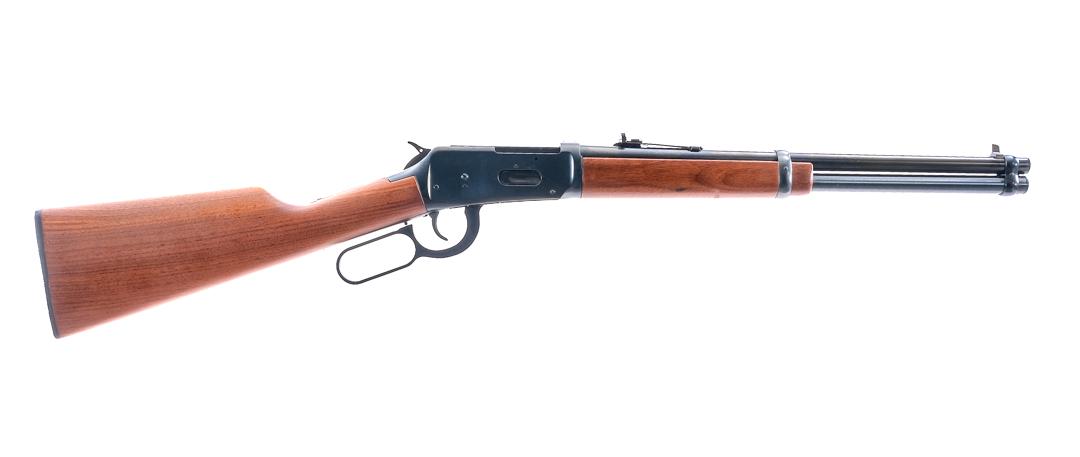 Winchester 94AE .45 Colt Lever Action Rifle: Description Winchester 94AE "Trapper" in .45 Long Colt with a eight round capacity and a 16" barrel. Checkered composite butt plate. Smooth wood stock and front foregrip. Blued hand lever, trigger, se
