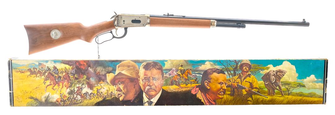 Winchester 94 Teddy Roosevelt .30-30 Win Rifle: Description Winchester Model 94 Teddy Roosevelt Commemorative chambered in .30-30 Winchester with a six round capacity and a 26" octagonal barrel. Nickel or chrome finished butt plate, serrated hammer