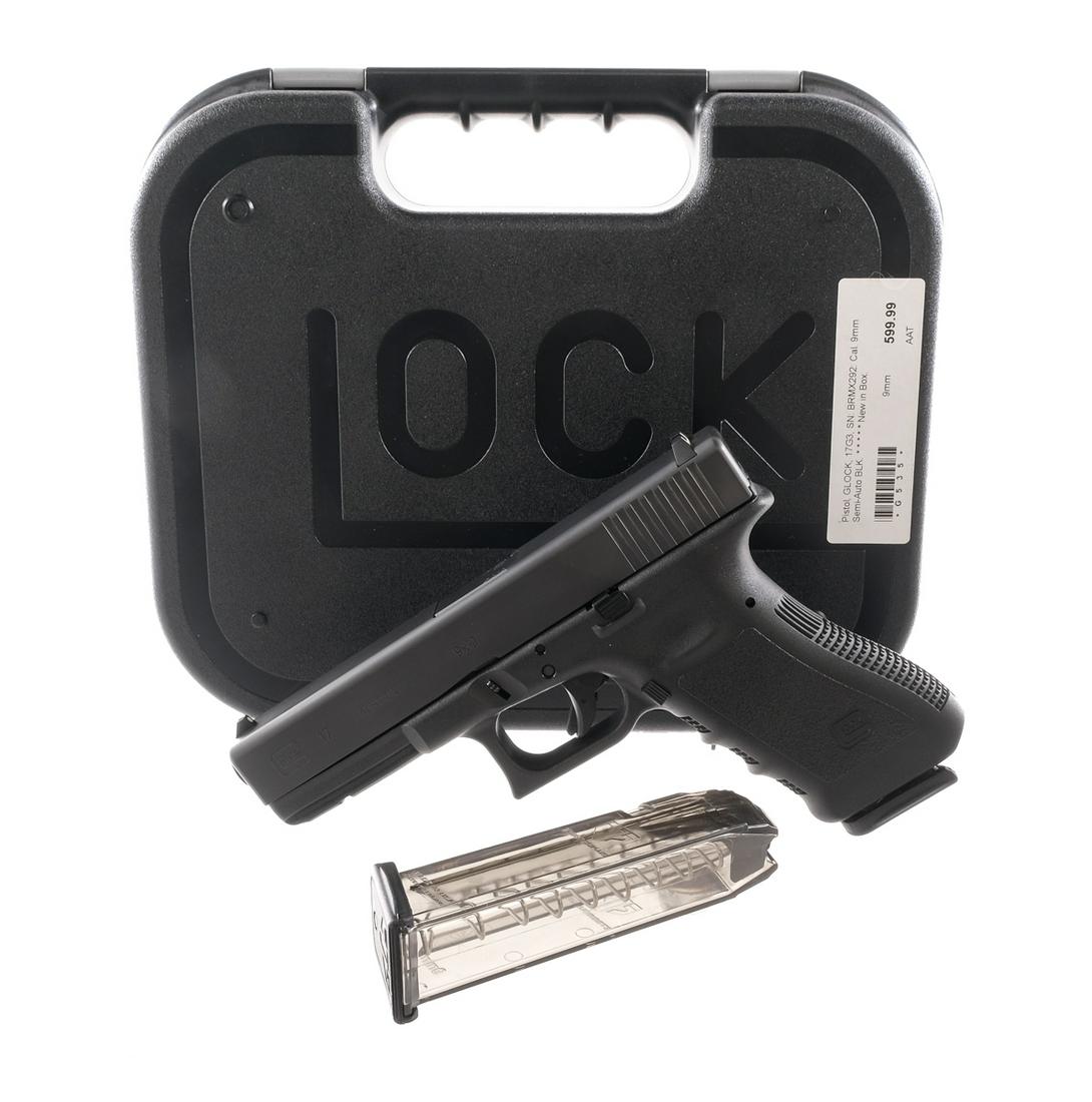 Glock 17 Gen 3 9mm Semi Auto Pistol: Description Generation 3 Glock 17 chambered in 9mm with two, ten round clear ETS magazines and a 4.49" barrel. Polymer frame with textured grip, finger grooves, and accessories rail. Serrated trigger 