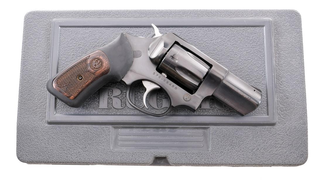 Ruger SP101 .357 Mag Revolver: Description Ruger SP 101 in .357 Magnum with a five round capacity and a 2.25" barrel. Checkered wood and rubber grip plates. Blued frame, cylinder and barrel. Trigger and checkered hammer. Left side 
