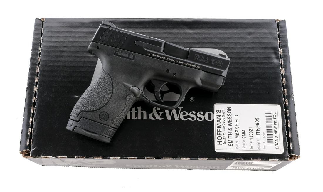 S&W M&P9 Shield 9mm Semi Auto Pistol: Description Smith & Wesson M&P 9 Shield in 9mm with one, seven, one eight round removable magazine and a 3" barrel. Textured grip on composite frame. Composite trigger. Blued serrated metal slide and