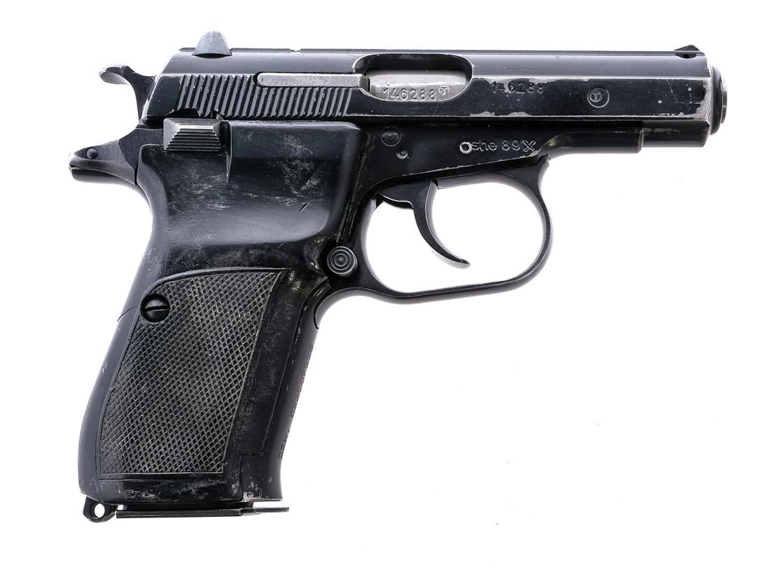 CZ 82 9x18mm Semi Auto Pistol: Description CZ Model 82 in 9x19mm Makarov with one, fifteen round removable magazine and a 3.75" barrel. Checkered composite grip plates. Blued trigger guard, trigger and serrated hammer. Black finish