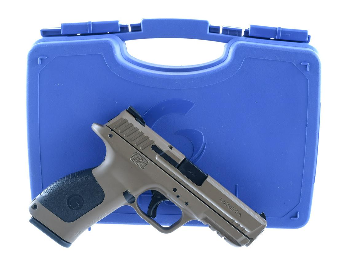 Girsan MC28 SA 9mm Semi Auto Pistol: Description Girsan MC28 in 9mm with one, seventeen round removable magazine and a 4" barrel. Made in Turkey. Textured composite grip on frame, with interchangeable backstrap plate. Black composite tri