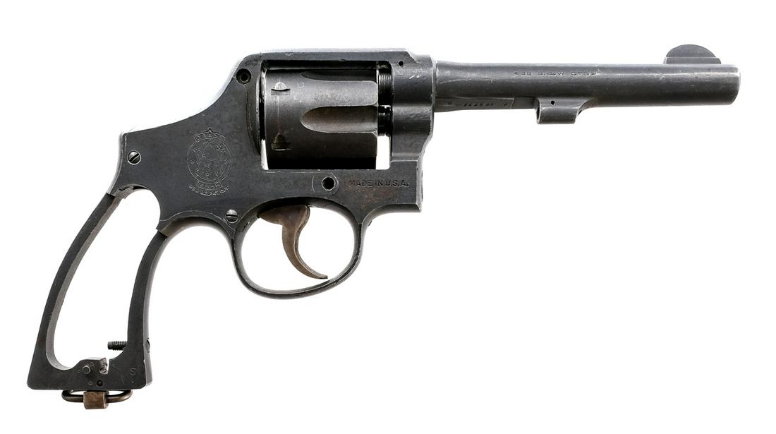 S&W Victory .38 S&W Revolver: Description Smith & Wesson Victory Model in .38 Smith & Wesson with a six round capacity and a 5" barrel. Missing the grip plates. Blued frame, cylinder and barrel. Case colored serrated trigger, Left