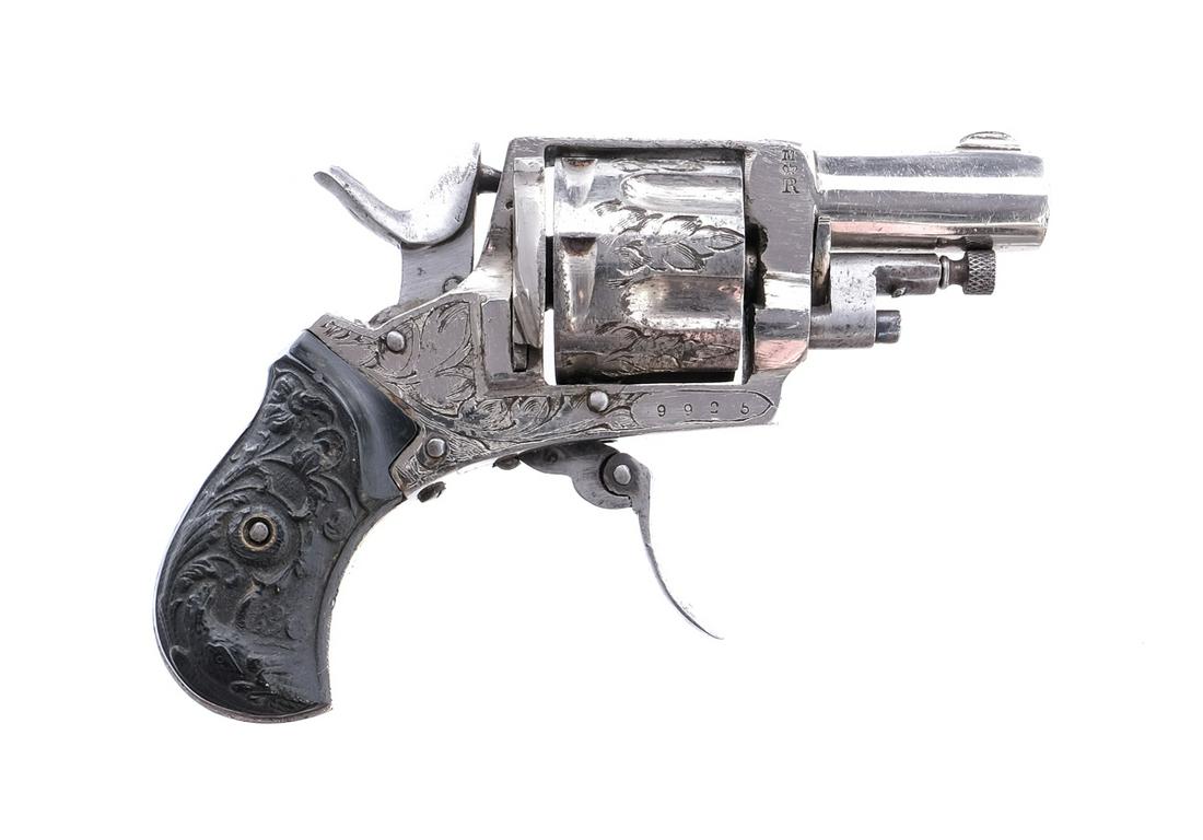 Belgian Drop Trigger Revolver: Description Belgian Drop Trigger Revolver measuring in at the bore 7.75mm with a six round capacity and a 1.75" barrel. Unknown maker. Composite grip plates. Nickel finished engraved frame, cylinder a
