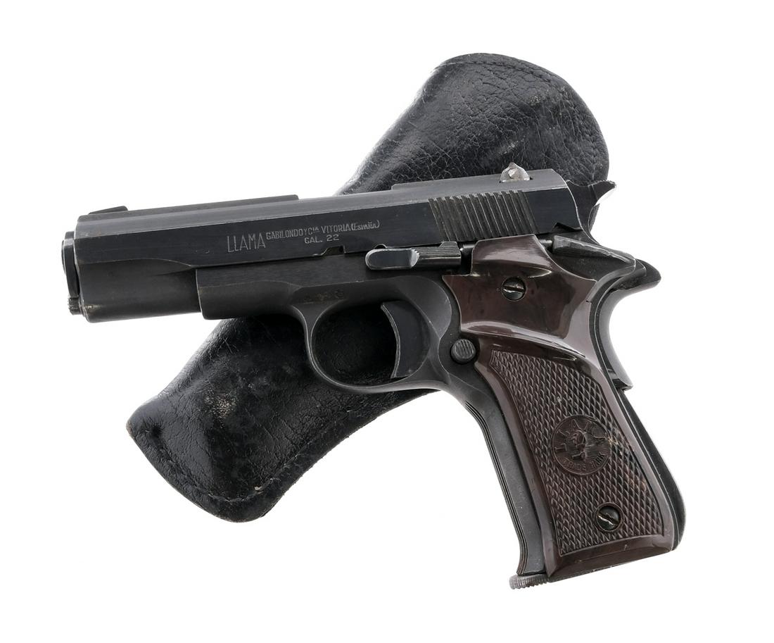 Llama 1911 .22 Semi Auto Pistol: Description Llama 1911 in .22 caliber with one, ten round removable magazine and a 3.5" barrel. Made in Spain and import marked by Stoeger Arms. Checkered composite grip plates. Blued frame, serrated
