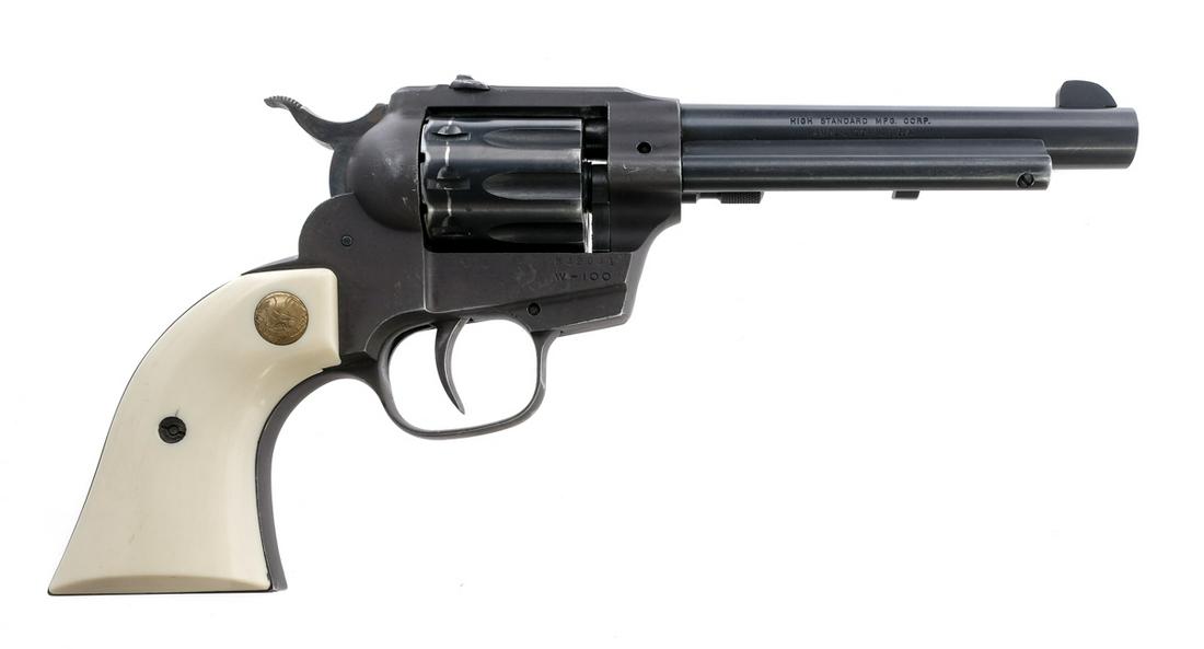 High Standard W-100 Double Nine .22 DA Revolver: Description High Standard W-100 Double Nine in .22 caliber with a nine round capacity and a 5.5" barrel. Smooth white composite grip plates. Parkerized finished frame. Case colored trigger and serrate