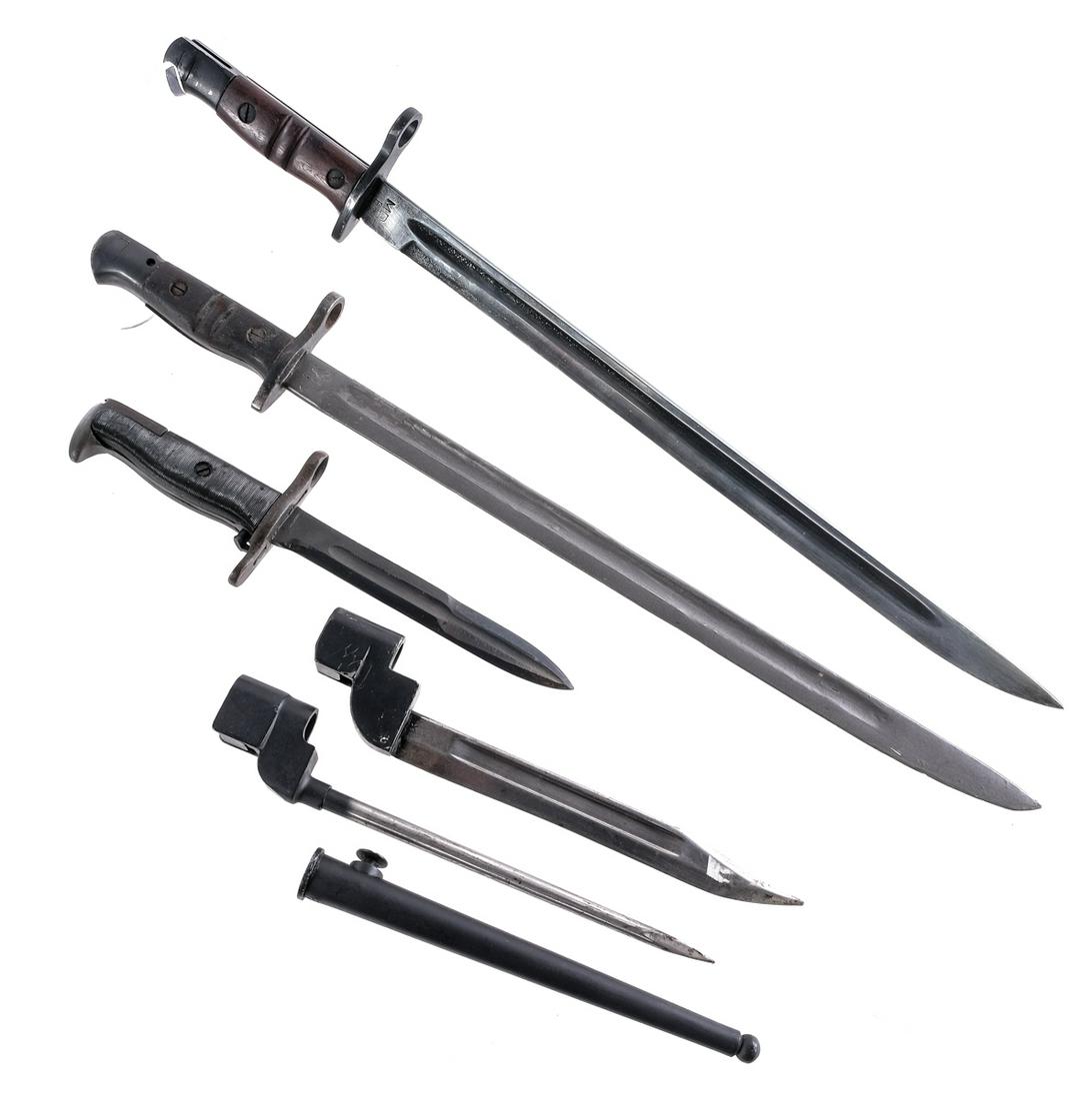 Estate Bayonet 5Pcs Lot: Description Estate found bayonets with five pieces. Remington US 1917 bayonet with a 16.5" blade and a 21.5" overall length. Wood hand grip plates. Blade has been painted. US 1917 Reproduction bayonet