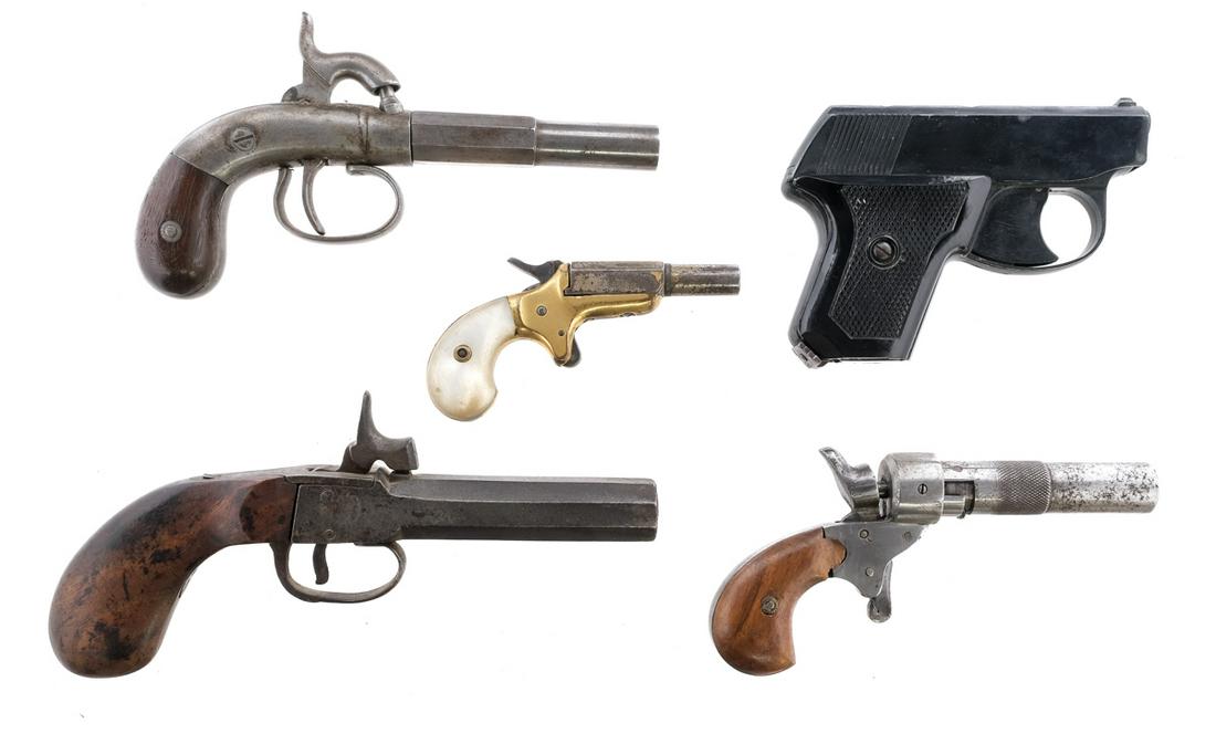 Estate Pistols 5Pcs Lot Pistols: Description Estate found lot with five assorted pistols, one of which is a blank gun. Perfecta D.R.P. Germany in .22 blanks with one magazine and a black finish. German small Derringer style measuring