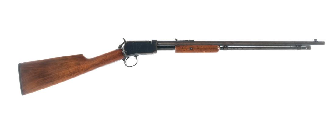 Winchester 1906 .22 Short Pump Action Rifle: Description Winchester Model 1906 in .22 Short with a twenty two round capacity and a 20" barrel. Checkered composite butt plate. Smooth wood stock and front foregrip. Blued trigger guard, trigger, ch