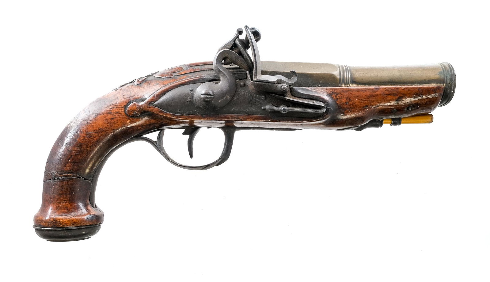 Flintlock Tromblon Blunderbuss Pistol: Description Estate found flintlock "Tromblon" "Blunderbuss" pistol in with a 4.5" barrel. The barrel at the muzzle is 1.5" wide. Metal butt cap. Smooth wood stock. Finish worn metal trigger guard, tri