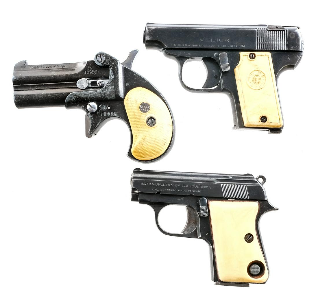 Estate Pistol Lot 3Pcs Pistols: Description This lot is for three Estate pistols. Melior New Model in .25 caliber with one, six round magazine and a 2.5" barrel. White composite grip plates. Blued frame and slide. Front and rear fix