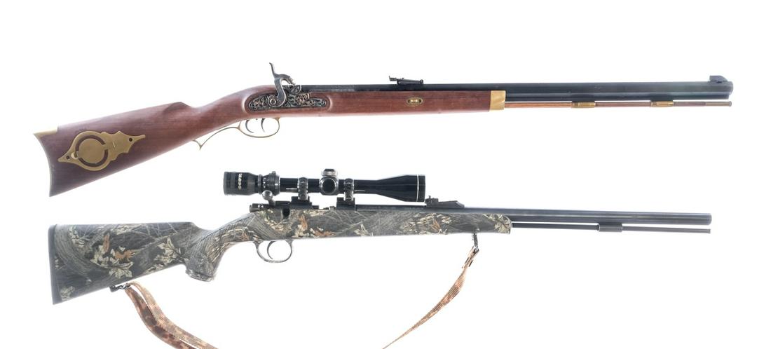 Black Powder .50 Lot 2Pcs Muzzleloader: Description Estate Black Powder lot with two rifles. Traditions Lightning Bolt Action in .50 caliber with a single round capacity and a 23.5" octagon barrel. Made in Spain. Checkered composite stock w