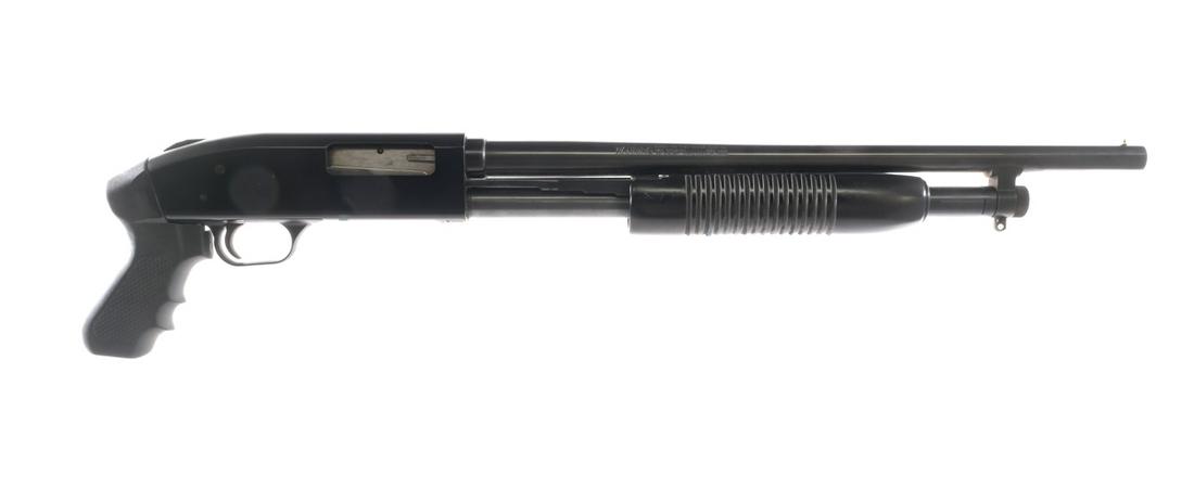 Mossberg 500C 20Ga Pump Action Shotgun: Description Mossberg 500C Chambered in 20 gauge with a five round tube magazine and a 18.5" fixed cylinder choke barrel. Checkered composite pistol grip and serrated front wood foregrip. Black finishe