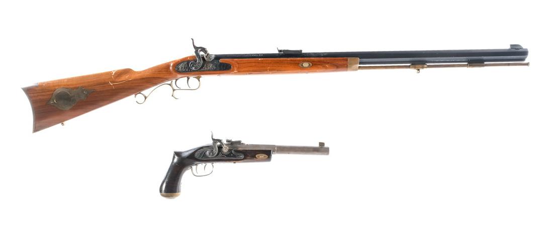 Estate .50 Black Powder 2 Pcs Lot Rifle / Pistol: Description Estate Black Powder Rifle/Pistol lot. Thompson Center black powder cap & ball rifle in .50 caliber with a single round capacity and a 28" octagon barrel. Smooth wood Monte Carlo style stoc