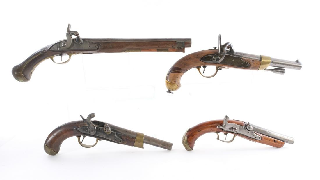 Estate Percussion 4 Pcs Lot Pistols: Description Estate found Black Powder percussion cap & ball pistols. Small percussion pistol with a single round capacity and a 15mm bore. Barrel measures 5.5". Brass butt plate and trigger guard. Per